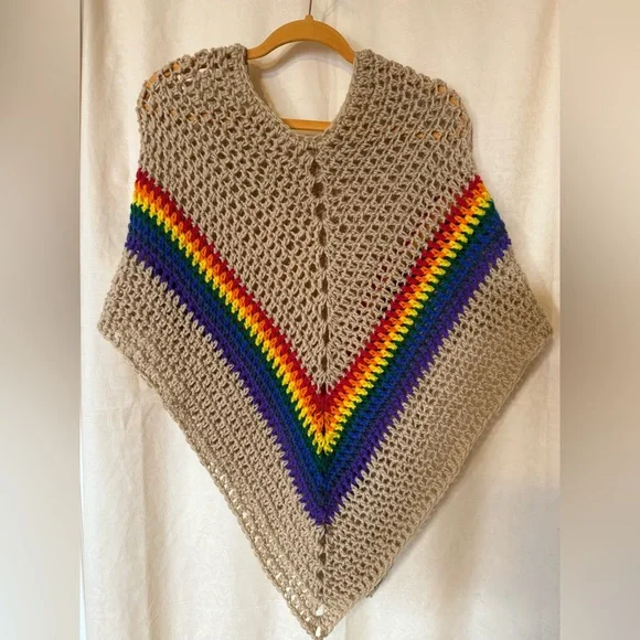 Crochet Poncho, Women’s sz Medium Tan & Rainbow Colors, Handmade Crochet Poncho - Picture 4 of 6